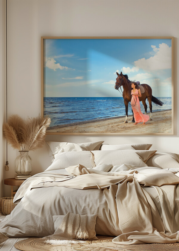 WOMAN AND HORSE ON SANDY BEACH