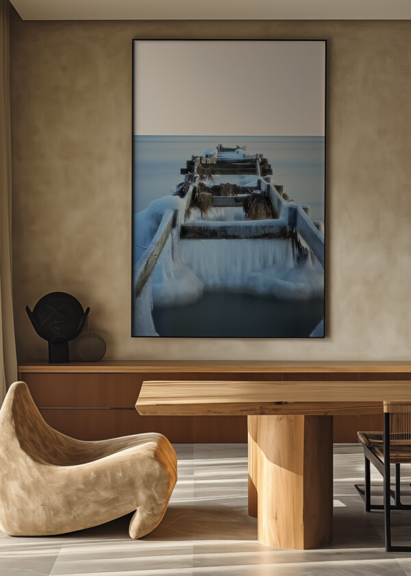 WOODEN JETTY ICED OVER DURING WINTER AT FALSTERBO, SWEDEN