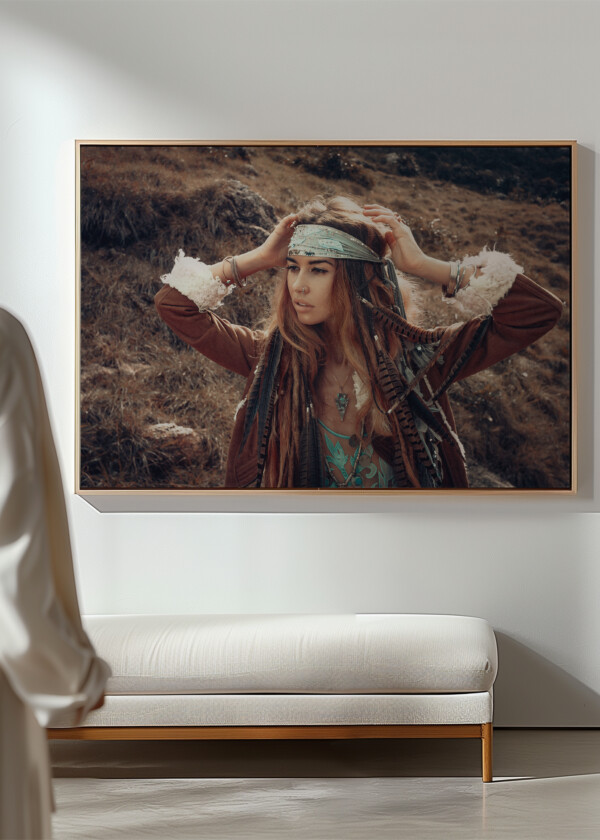 BOHO STYLE YOUNG WOMAN WITH HEADDRESS MADE OF FEATHERS