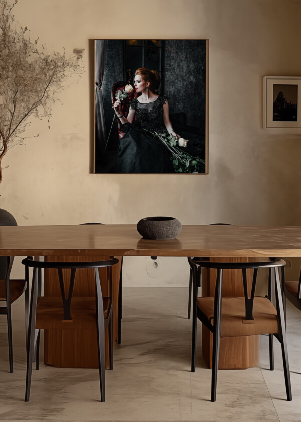 ATTRACTIVE WOMAN IN BLACK DRESS IN MEDIEVAL INTERIOR