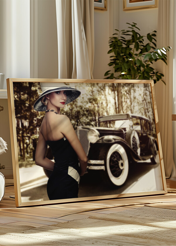 WOMAN IN HAT AGAINST RETRO CAR