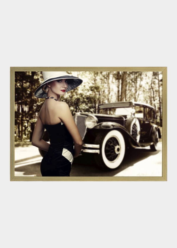 WOMAN IN HAT AGAINST RETRO CAR