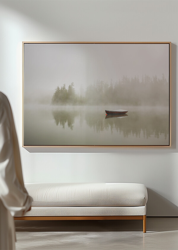 BOAT ON THE LAKE AT MORNING FOG