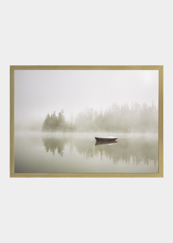 BOAT ON THE LAKE AT MORNING FOG