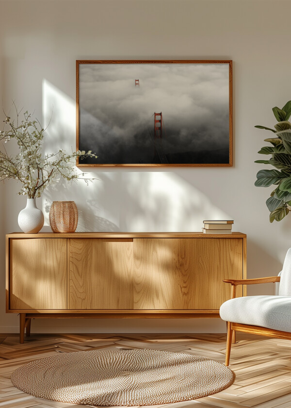 AERIAL VIEW OF THE GOLDEN GATE BRIDGE WITH FOGGY WEATHER